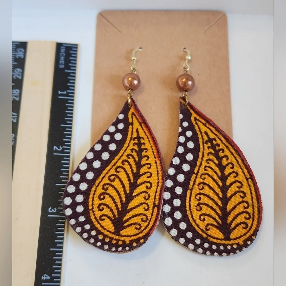 Brown and Gold Teardrop Shaped Statement Earrings, sz. OS